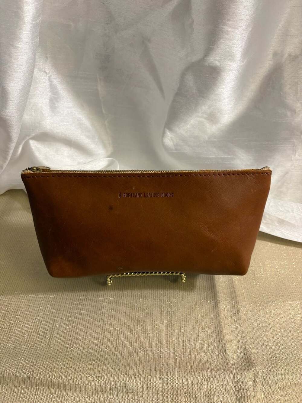 Portland Leather Goods Leather Zip Pouch Makeup Bag Cognac Brown
